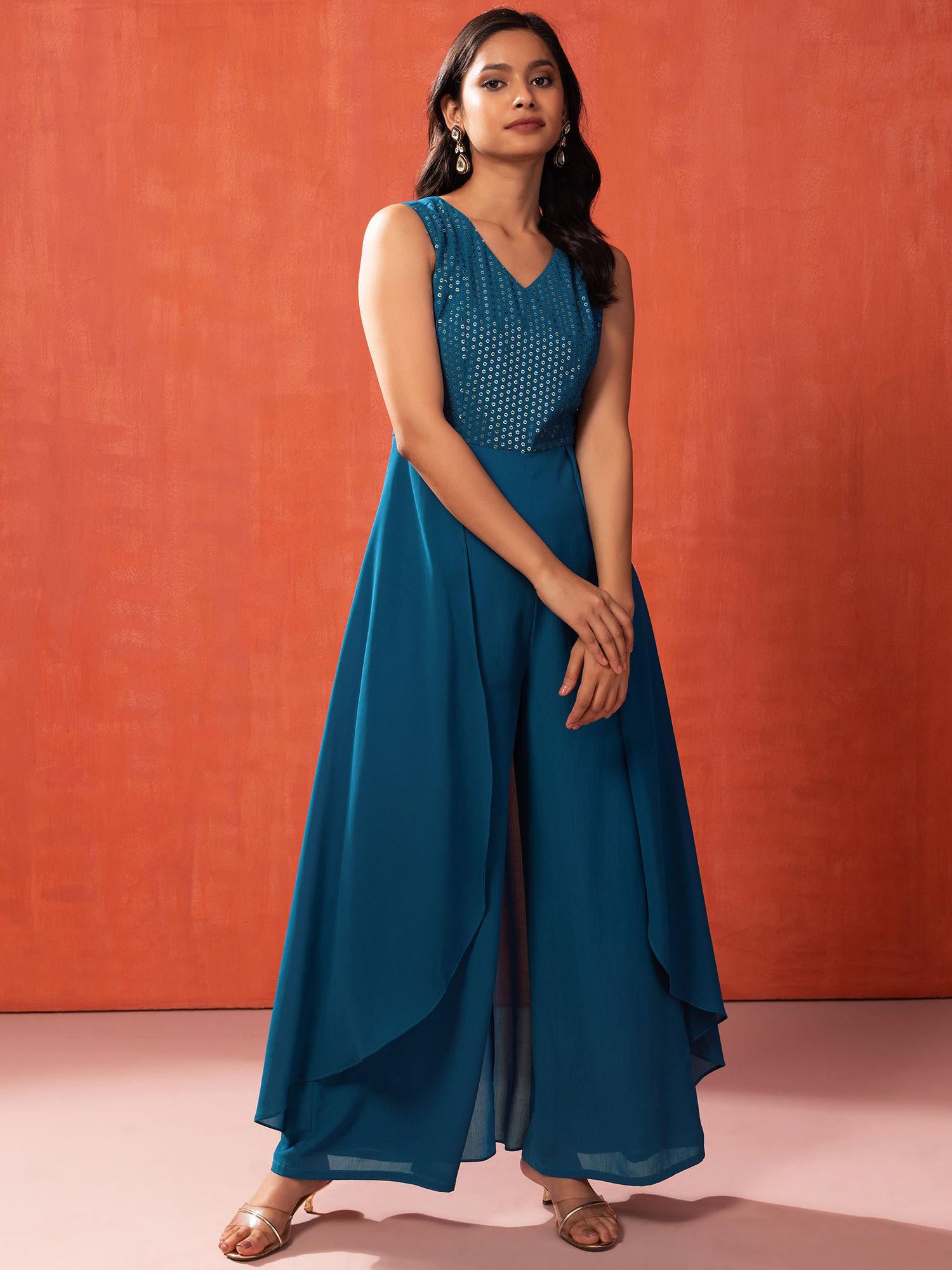 blue sequin embroidered flared jumpsuit