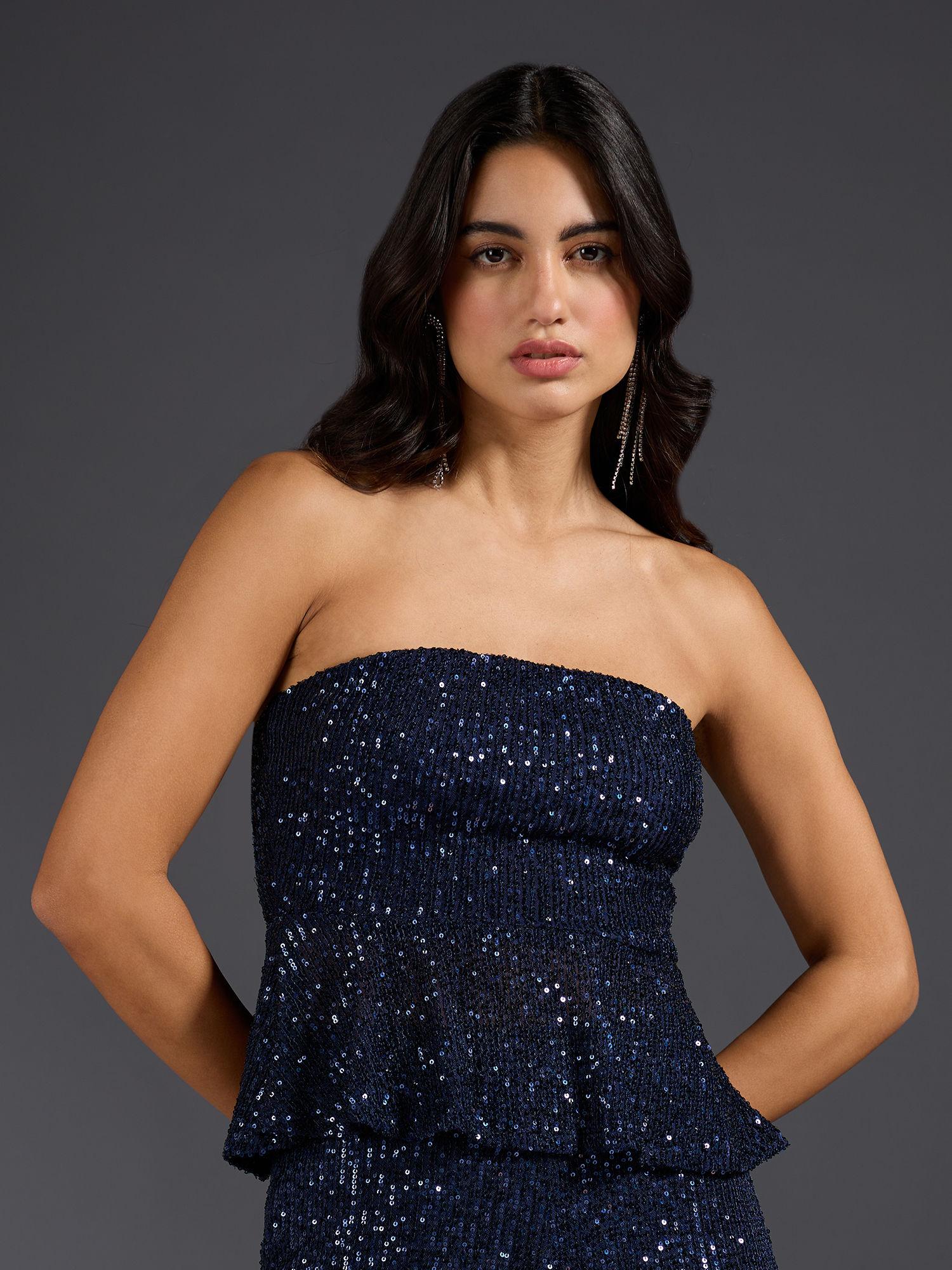 blue sequin peplum tube top