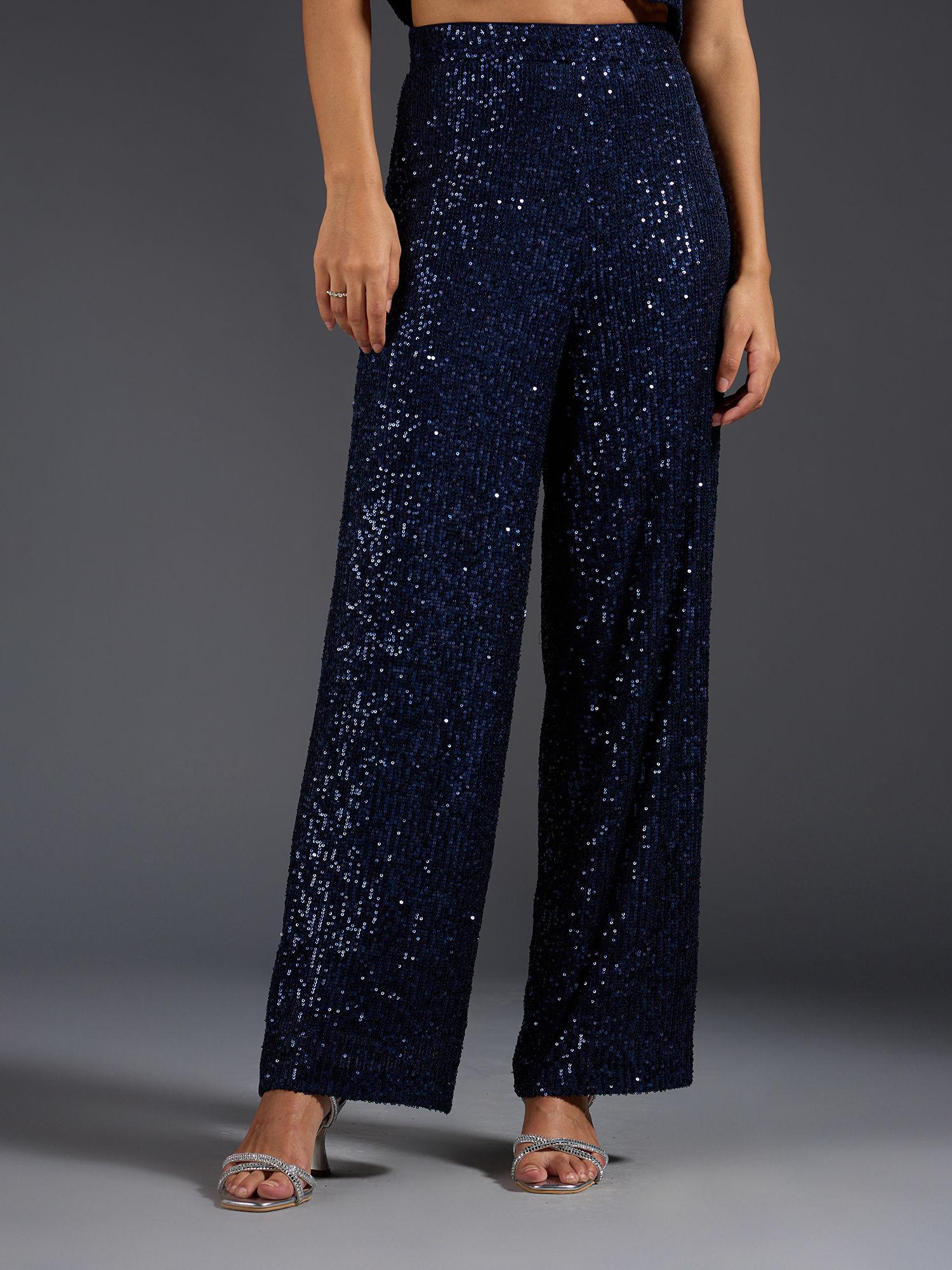 blue sequin straight fit pants