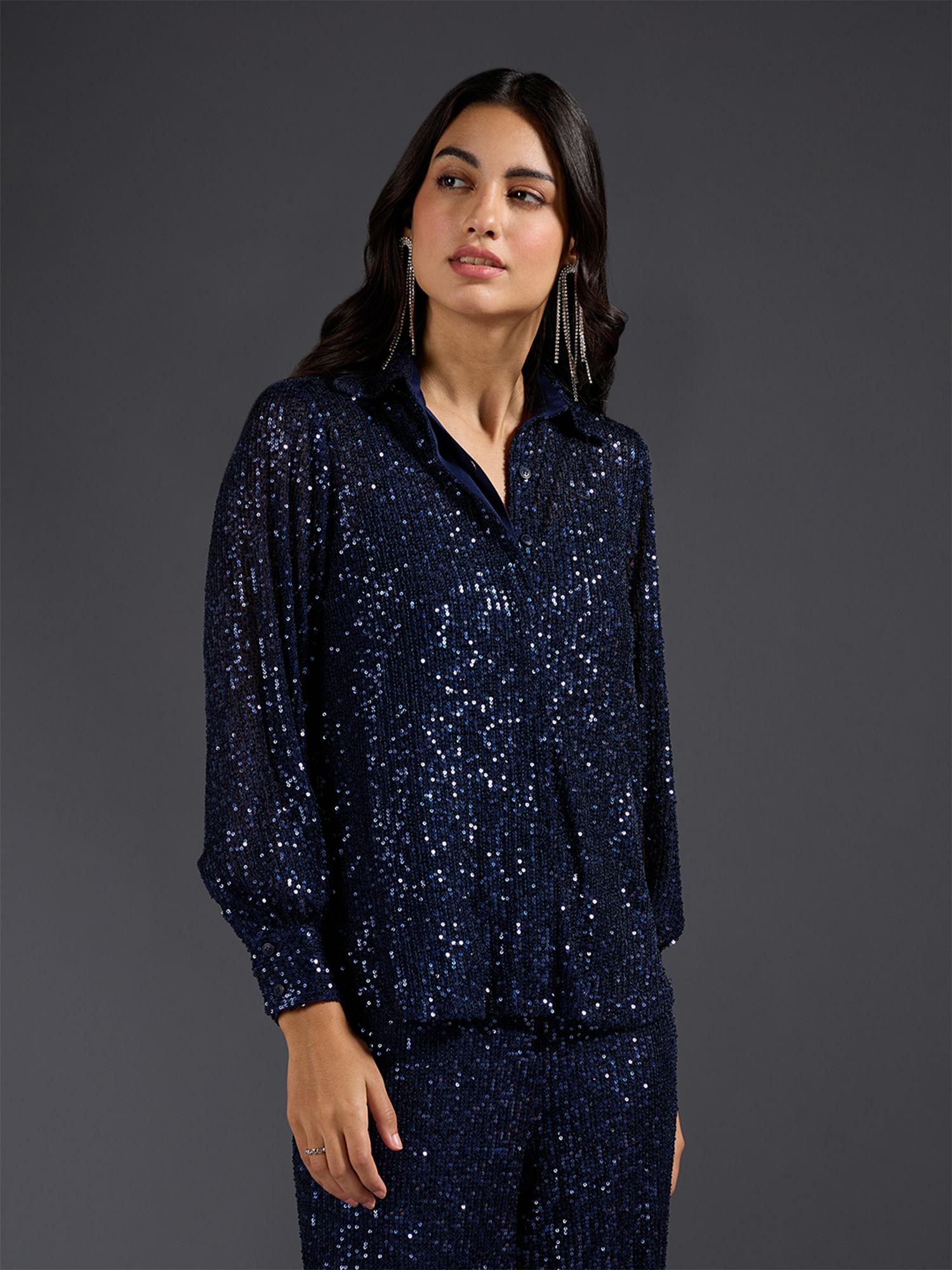 blue sequinned full sleeve shirt