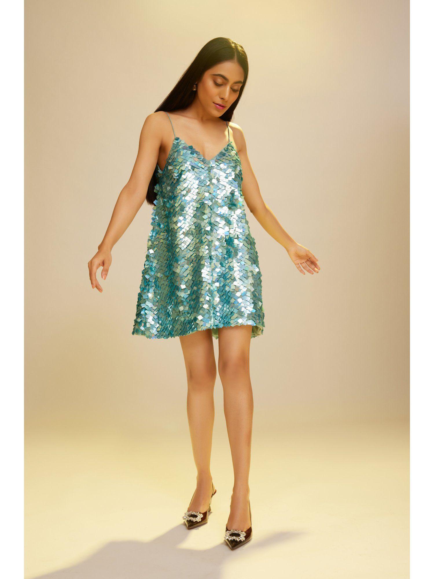 blue sequinned mini dress