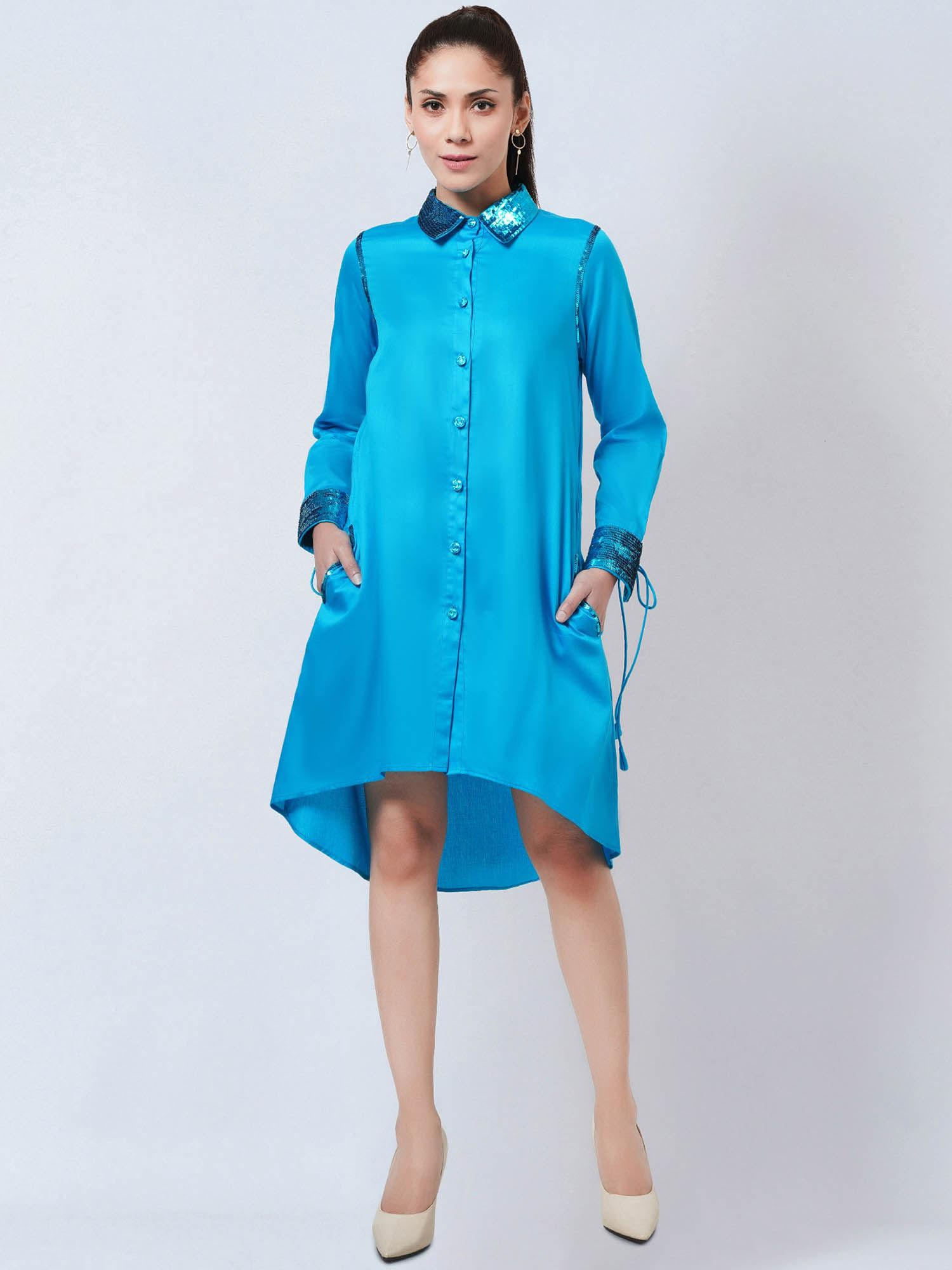 blue sequinned shirt dress