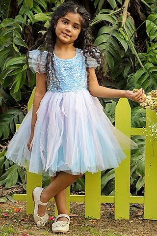 blue sequins embroidered flared dress for girls