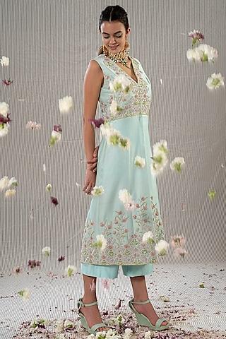 blue sequins embroidered long kurta set