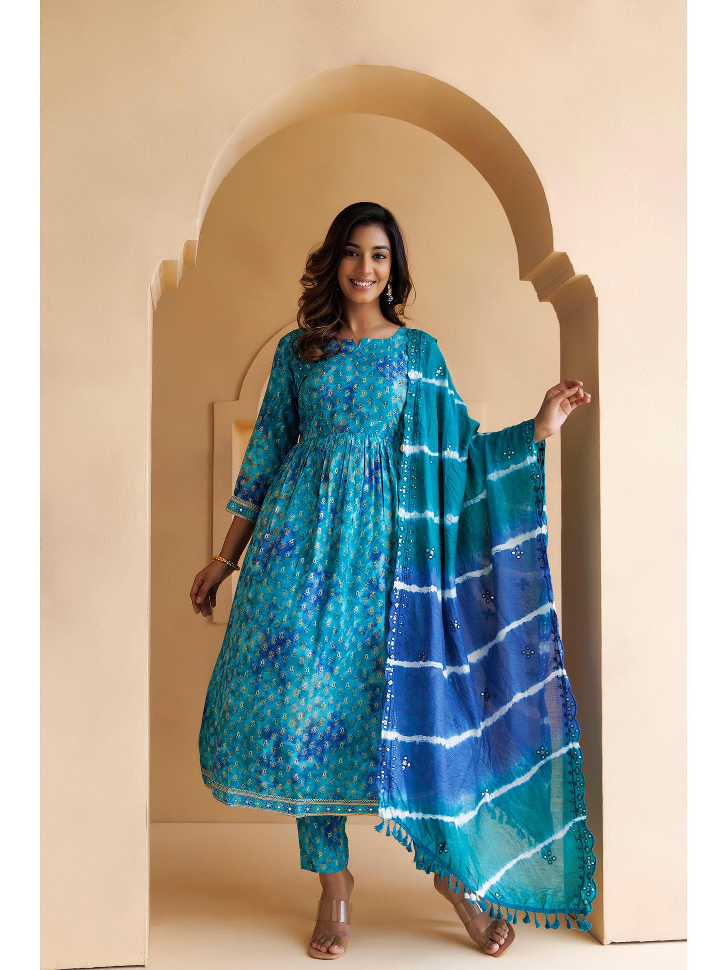 blue shaded cotton-rayon embroidered kurta with pant silk dupatta (set of 3)