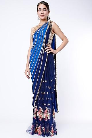 blue shaded embroidered pre-stitched saree set