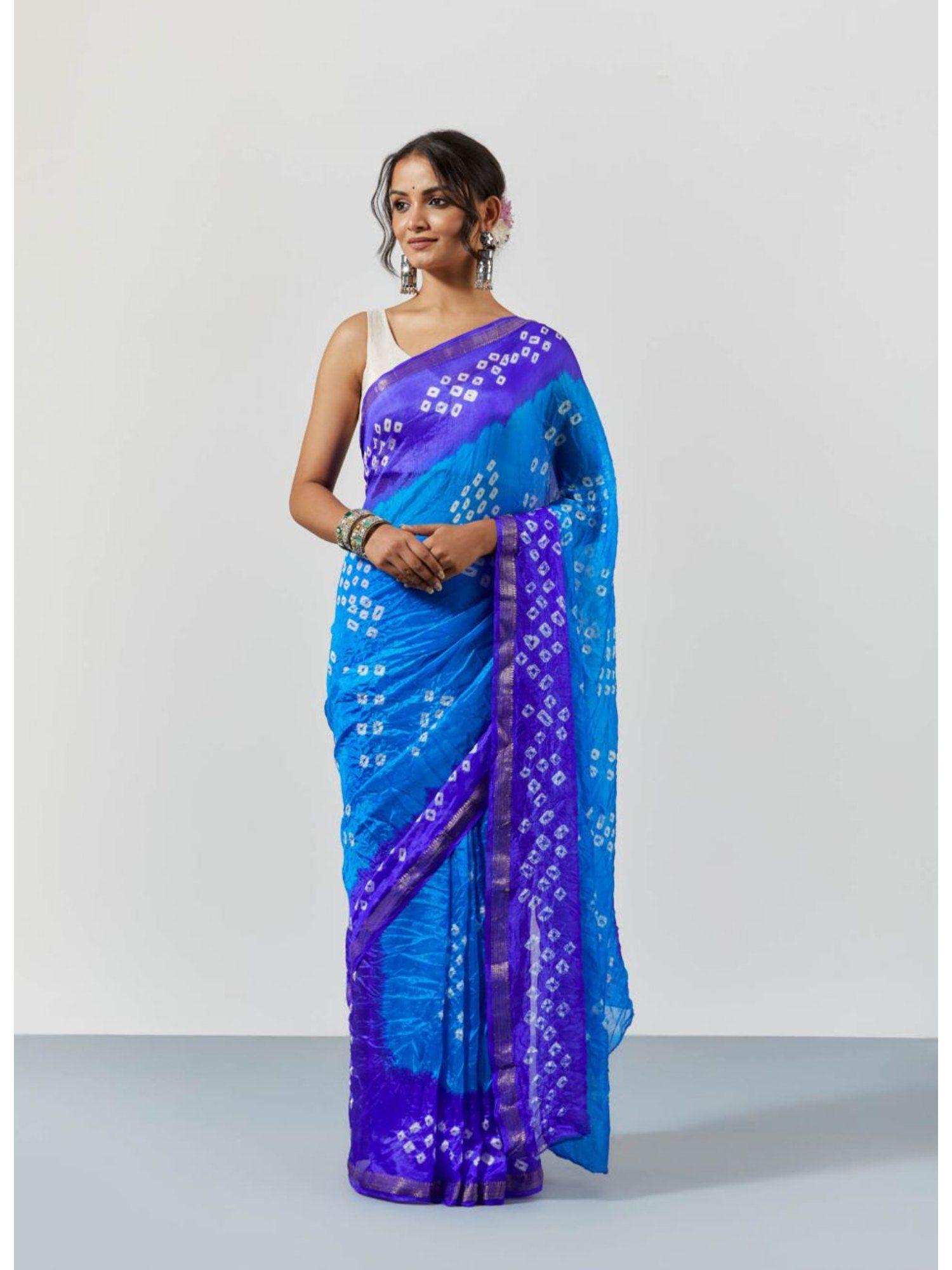 blue shaded hand dyed bandhani silk saree with unstitched blouse