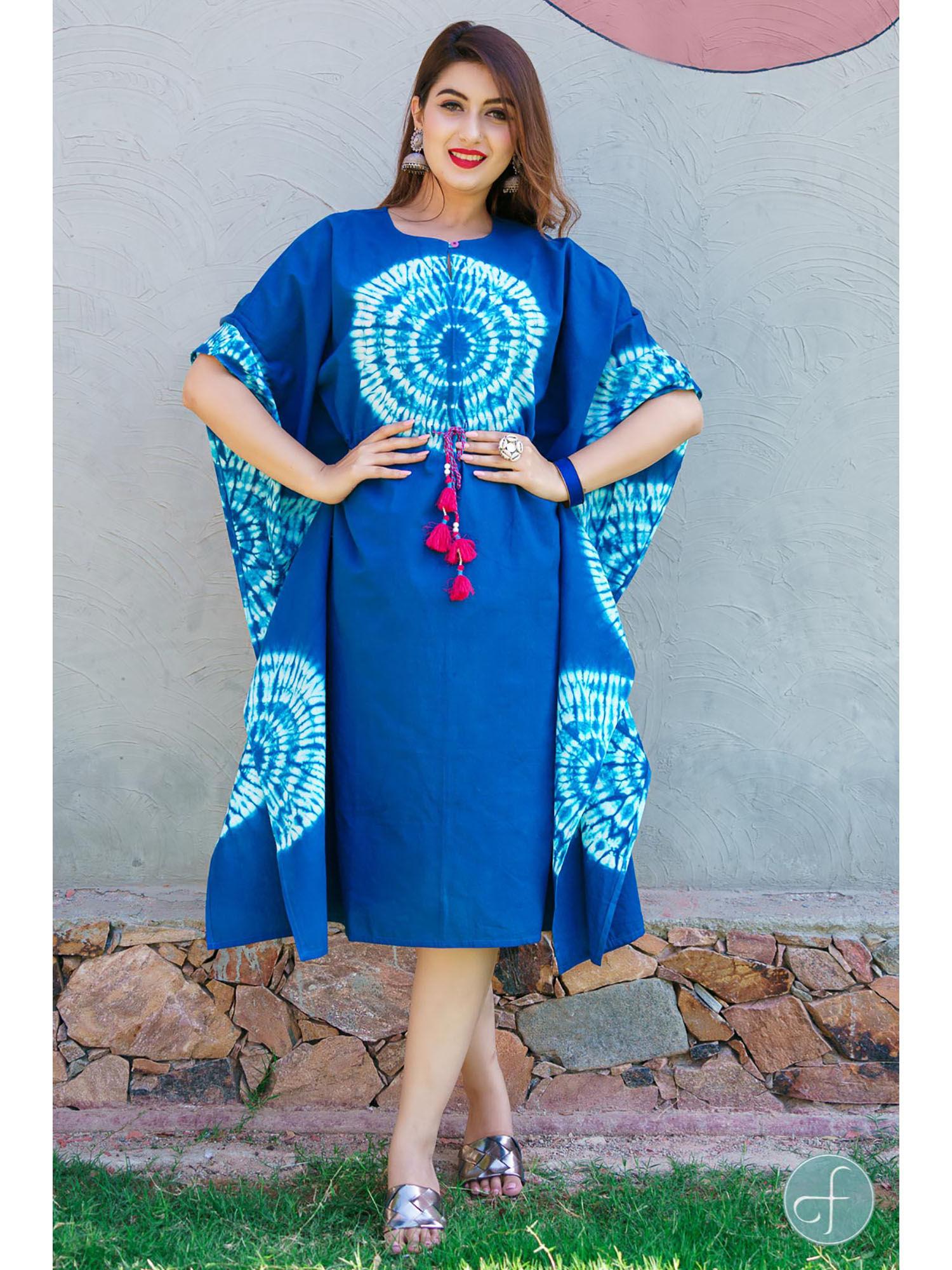 blue shibori block print kaftan dress