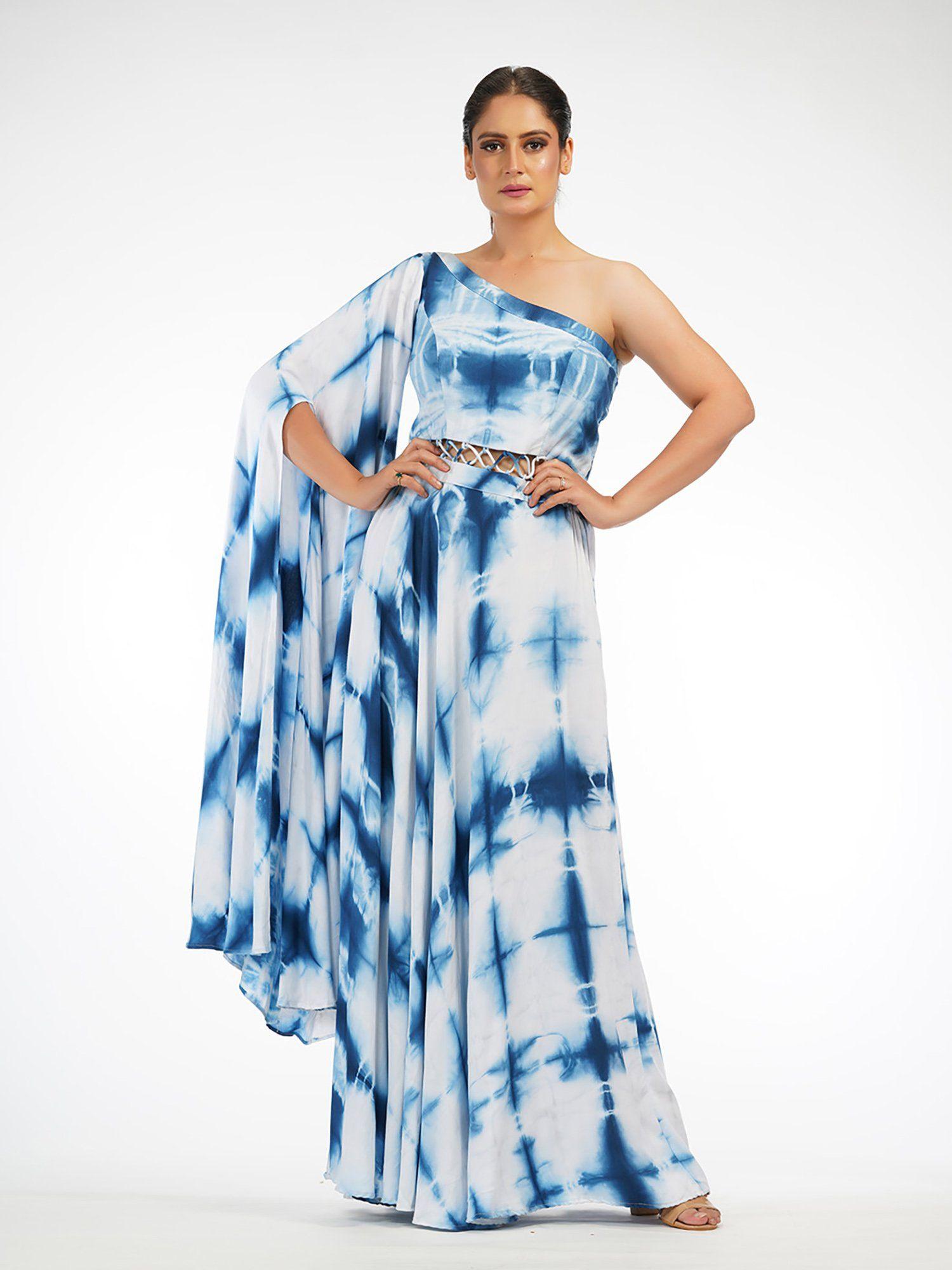 blue shibori one shoulder drape dress