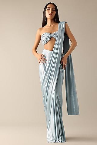 blue shimmer lycra pre-pleated saree set