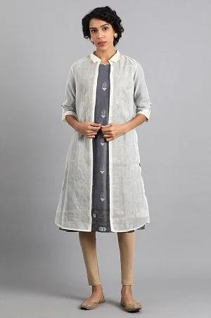 blue shirt collar embroidered kurta with jacket