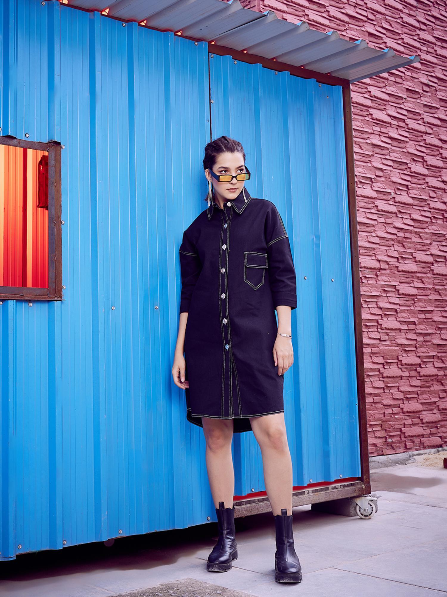 blue shirt collar pure cotton shirt dress