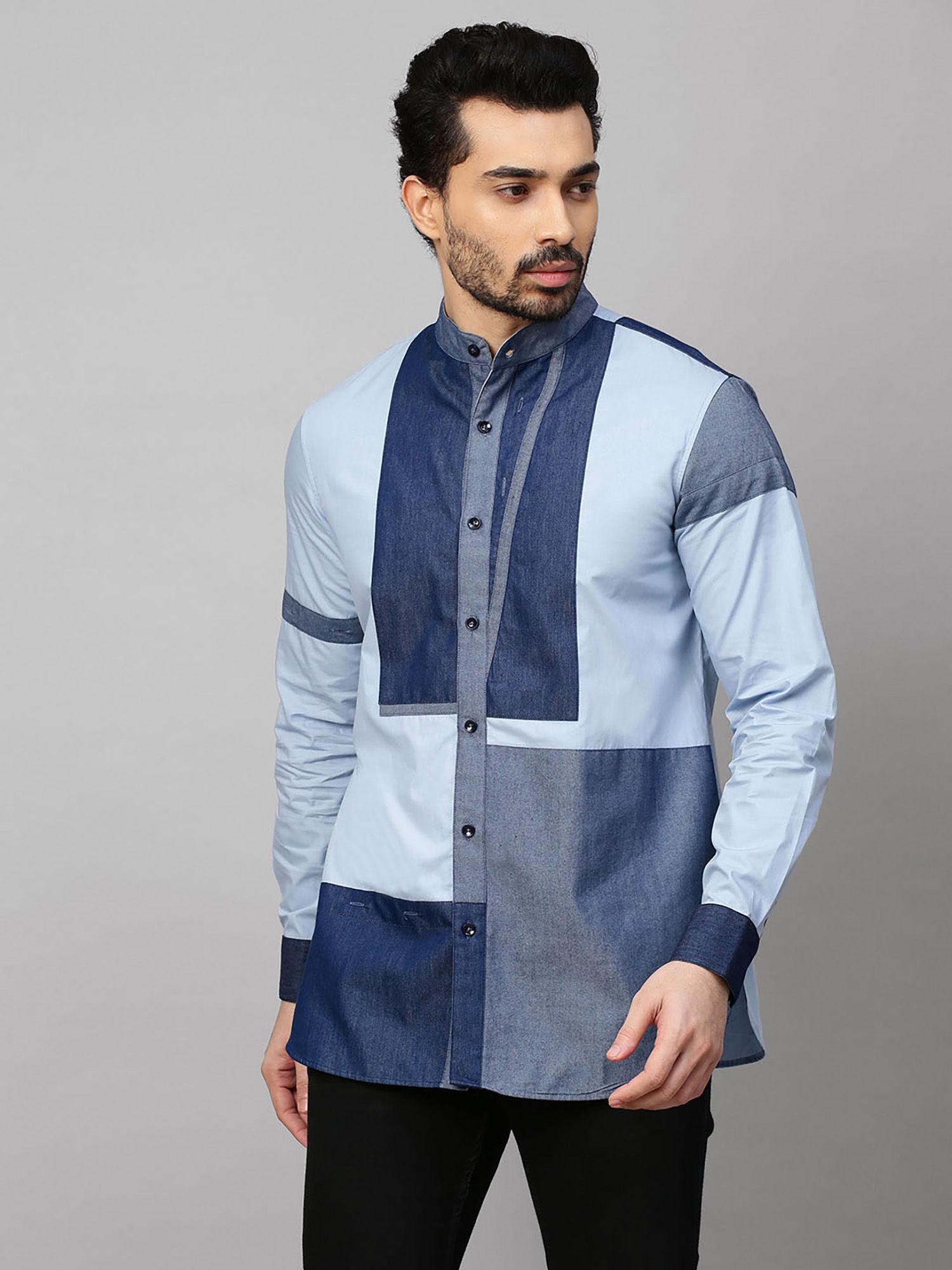 blue shirt with chinese collar and denim patchwork