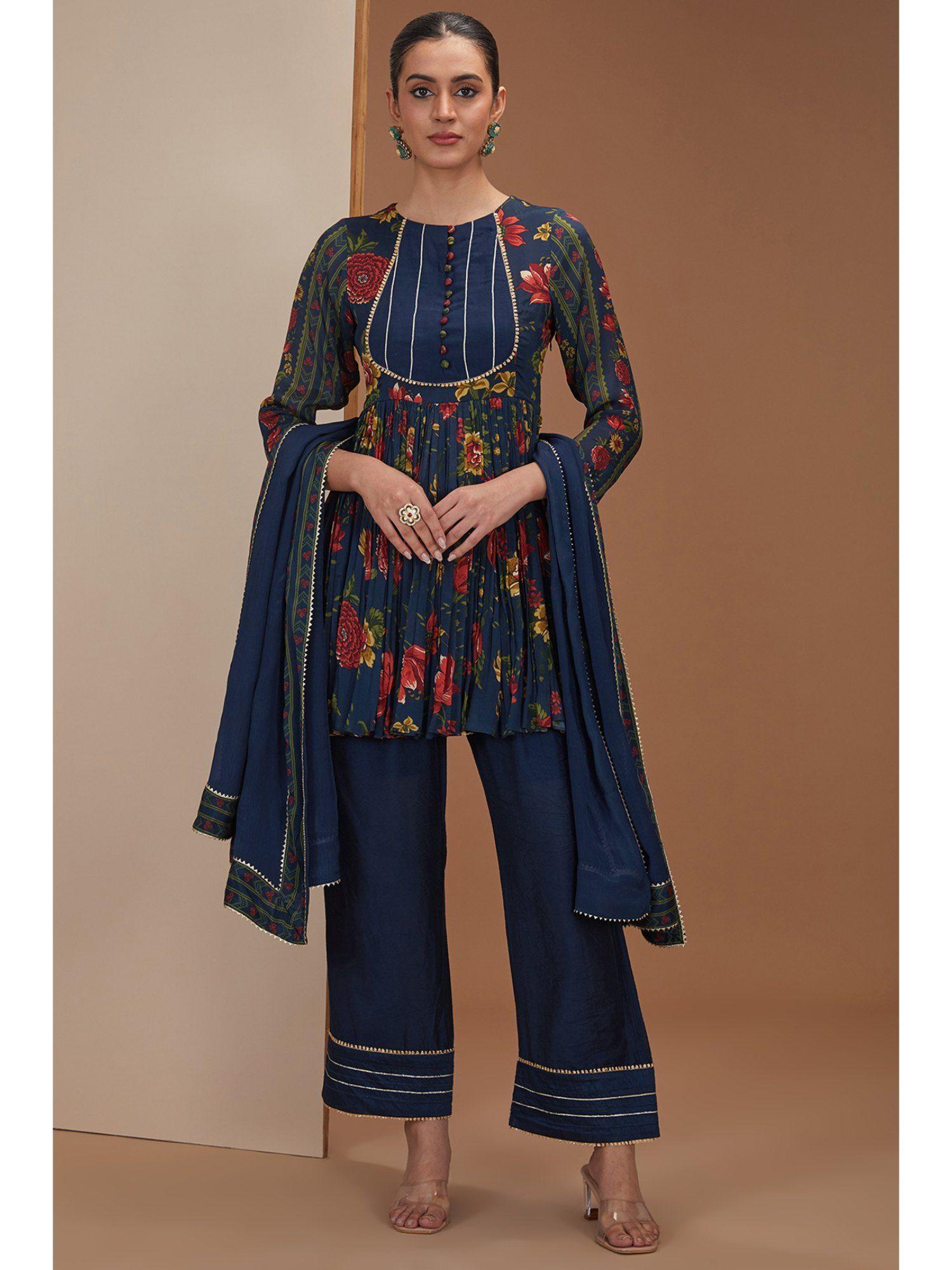 blue short kurta with gota embroidery pant and dupatta (set of 3)