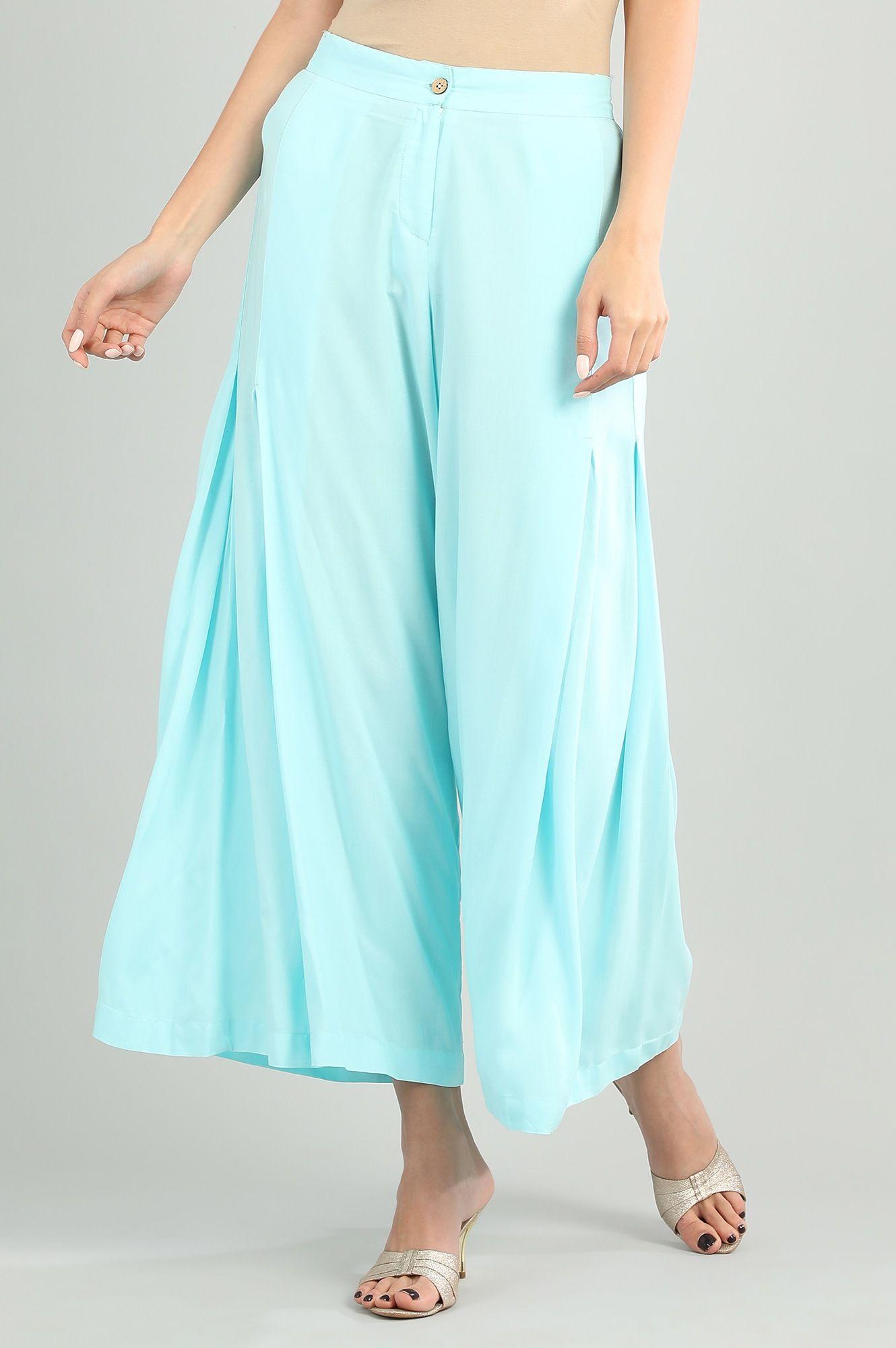 blue side-pleated palazzo