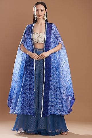 blue silk & chiffon shibori printed cape set