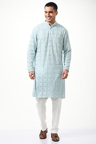 blue silk & cotton chikankari kurta set