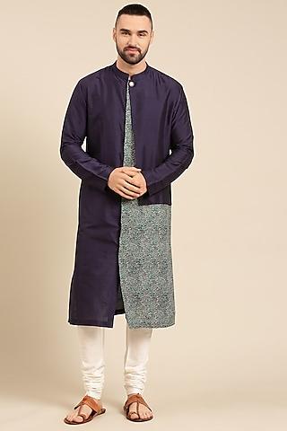 blue silk & linen kurta set