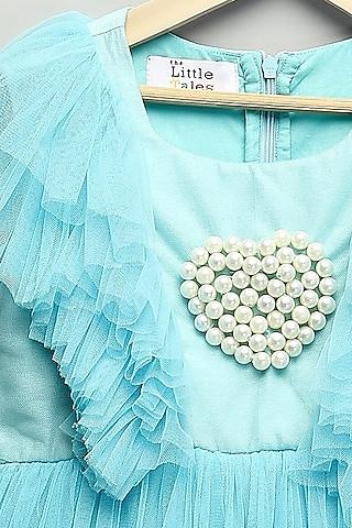 blue silk & soft net pearl embroidered ruffled dress for girls