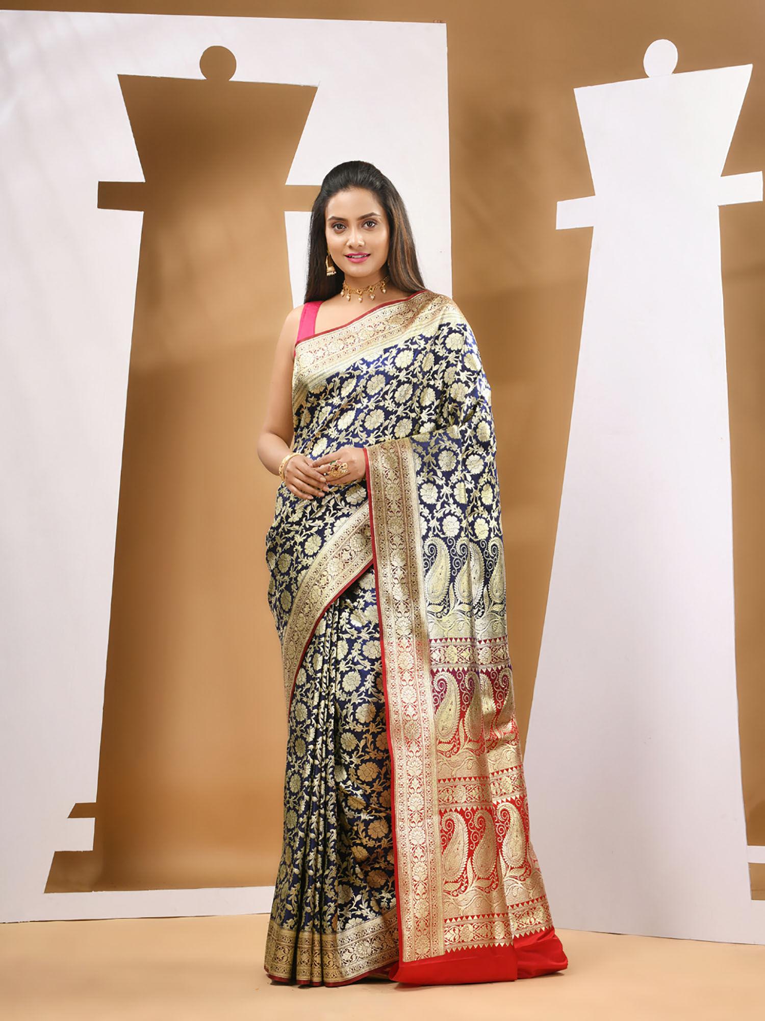 blue silk banarasi zari saree with unstitched blouse