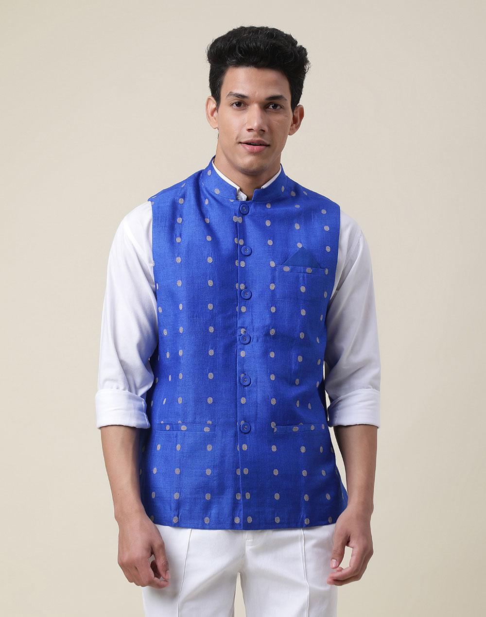 blue silk blend dobby nehru jacket