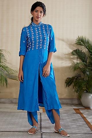 blue silk blend hand & machine embroidered kurta set