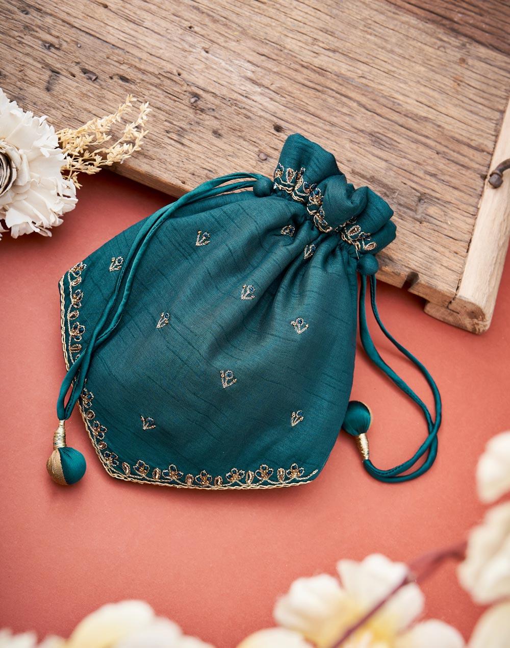 blue silk blend hand embroidered potli bag