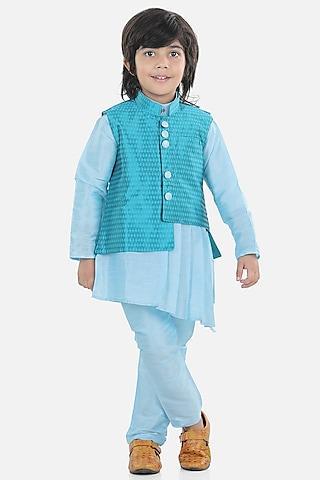 blue silk blend kurta set with nehru jacket for boys