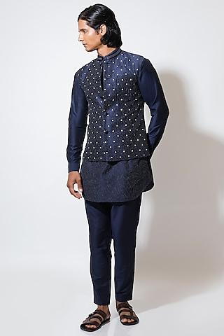 blue silk boota hand & machine embroidered bundi jacket