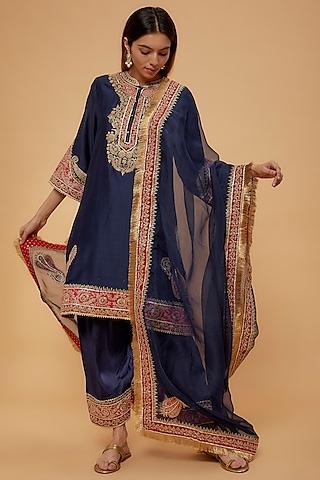 blue silk chanderi & bemberg satin embroidered kurta set