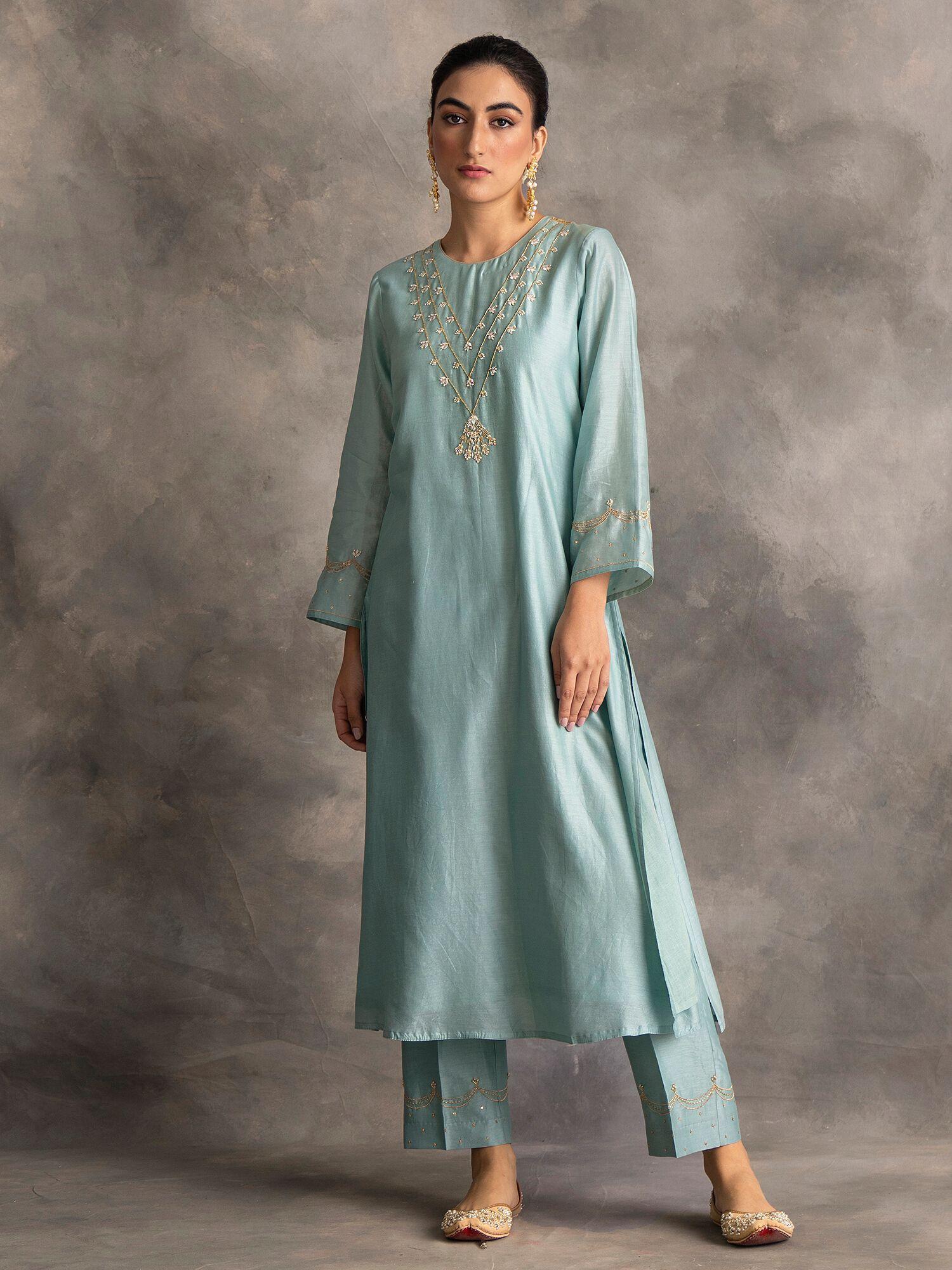 blue silk chanderi a-line kurta with hand embroidery
