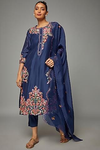blue silk chanderi embroidered kurta set