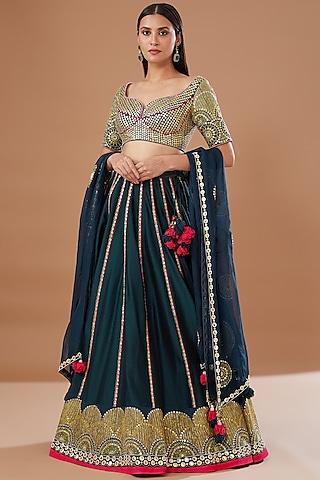 blue silk chanderi hand embroidered lehenga set