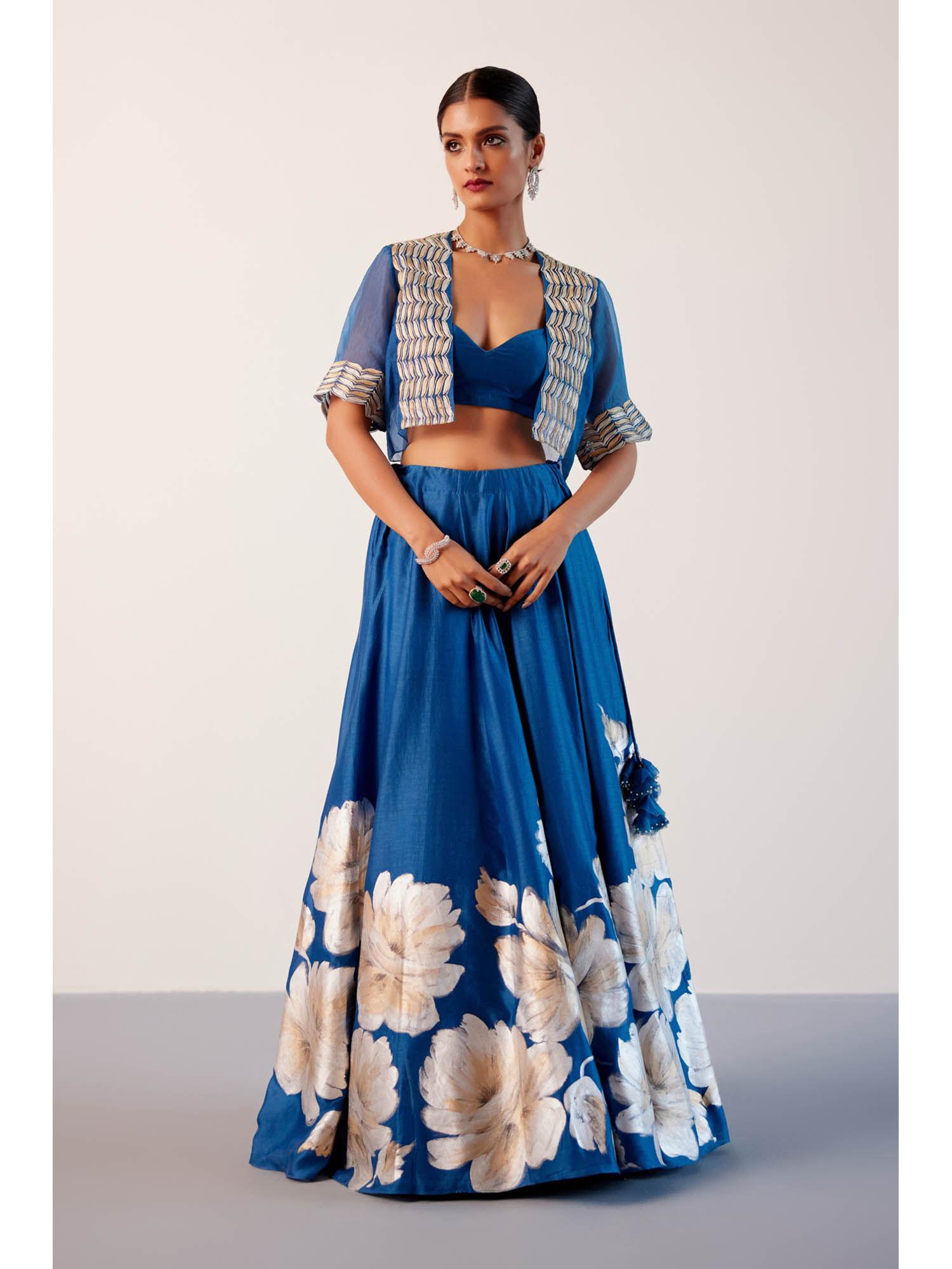 blue silk chanderi hand painted lehenga with blouse and jacket (set of 3)