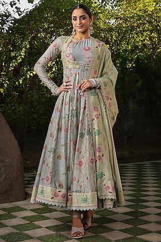 blue silk chanderi printed & embroidered anarkali set