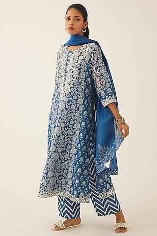 blue silk chanderi printed kalidar kurta set