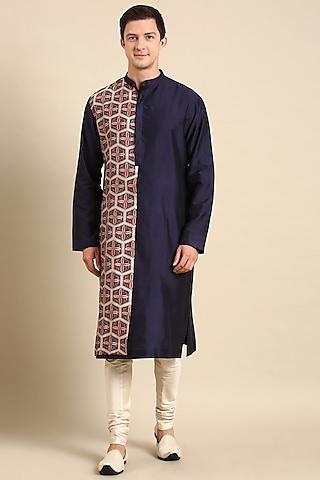 blue silk chanderi printed kurta set
