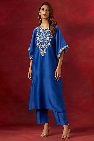 blue silk chanderi resham embroidered kurta set