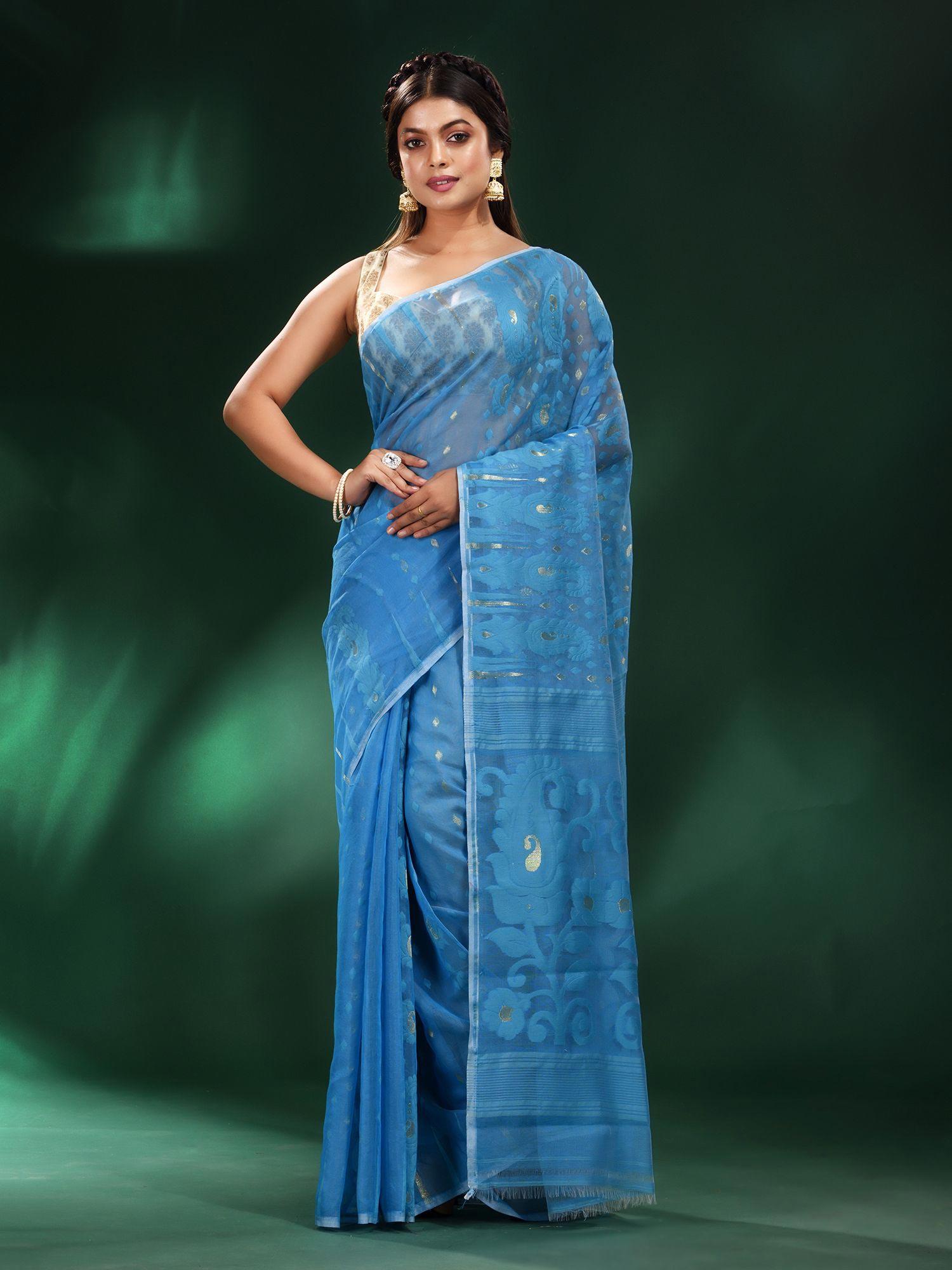 blue silk cotton soft handwoven jamdani saree without blouse