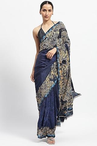 blue silk crepe embellished saree