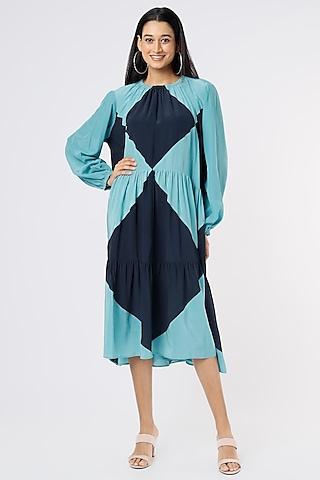 blue silk crepe midi dress