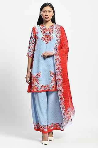 blue silk crepe printed kurta set