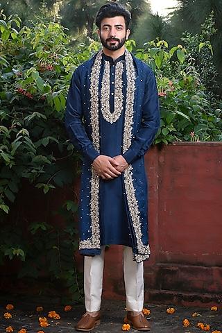 blue silk dabka hand embroidered kurta set