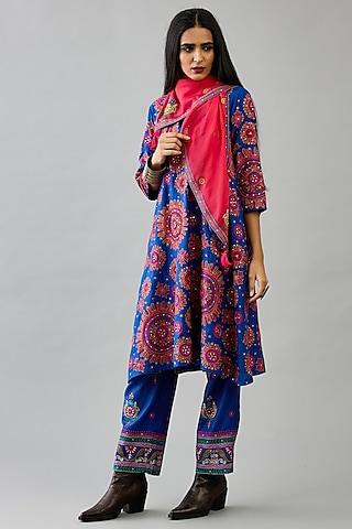 blue silk embroidered a-line kurta set