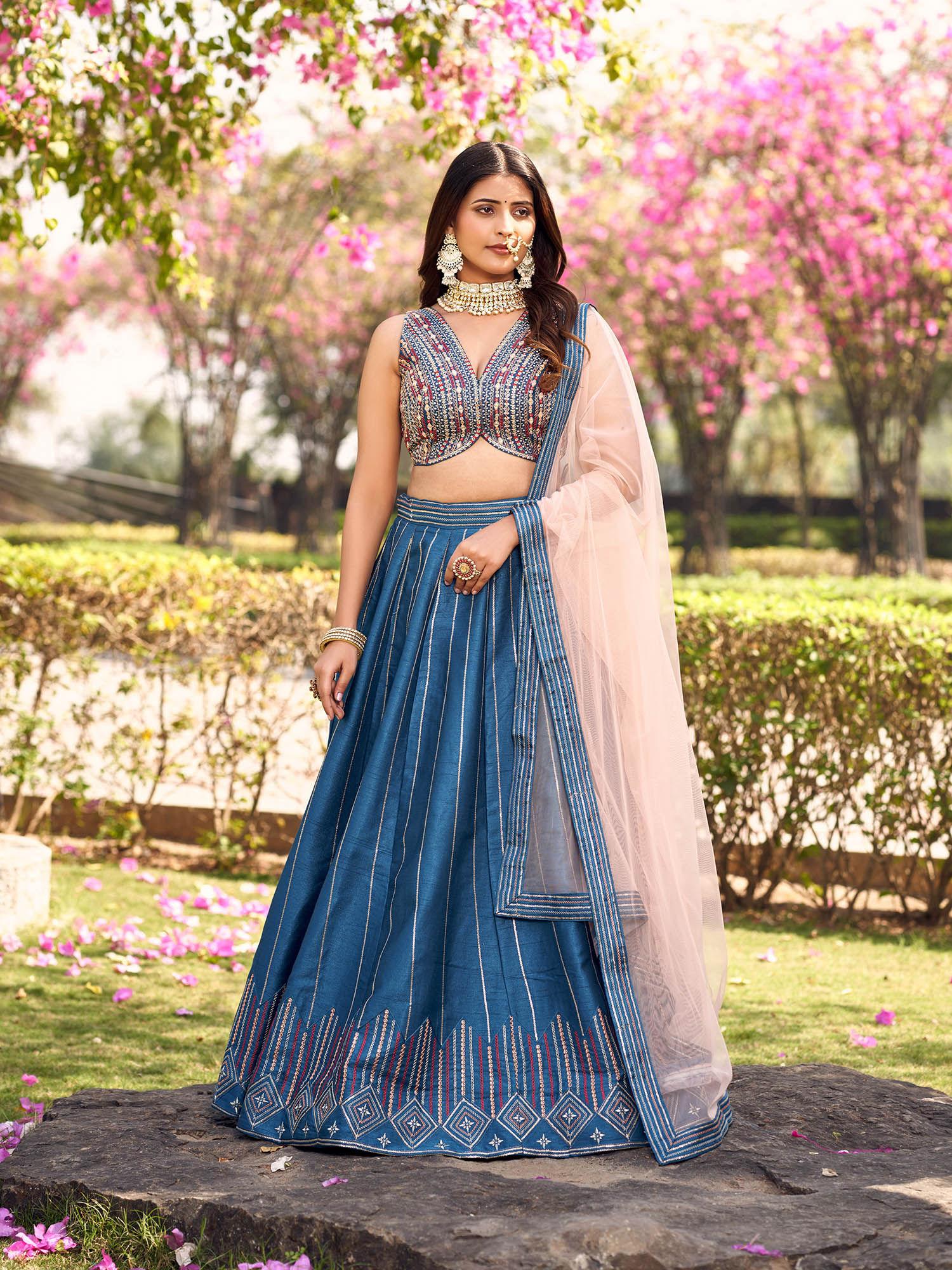 blue silk embroidered full stitch lehenga choli with net dupatta (set of 3)