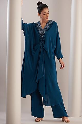 blue silk embroidered long tunic set