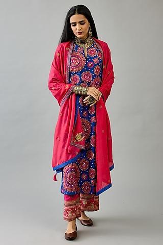 blue silk embroidered straight kurta set
