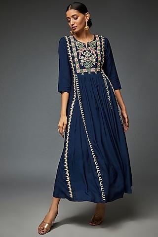 blue silk embroidered tunic