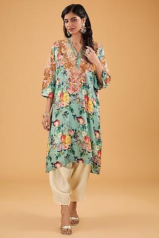 blue silk floral printed kaftan kurta set