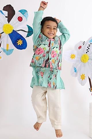 blue silk floral printed nehru jacket set for boys